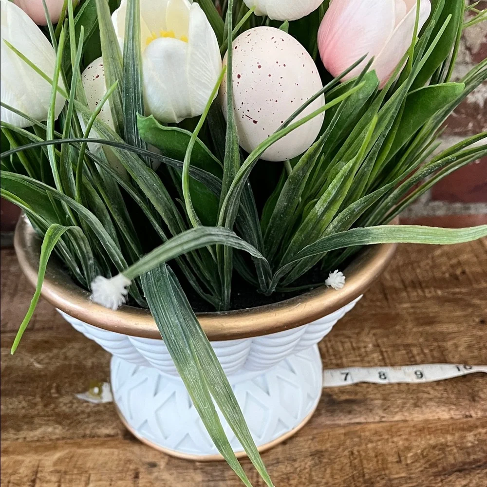 Nicole Miller White Basket Planter with Pink & White Tulips and Pastel Eggs